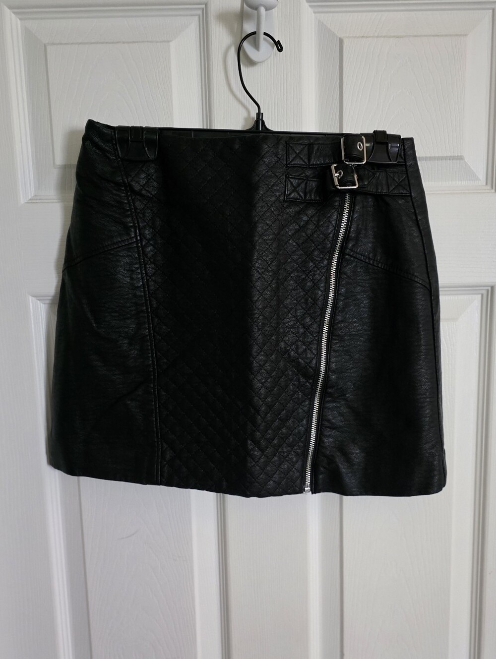 Divided Black Quilted Faux-Leather Mini Skirt with Asymmetrical Zip